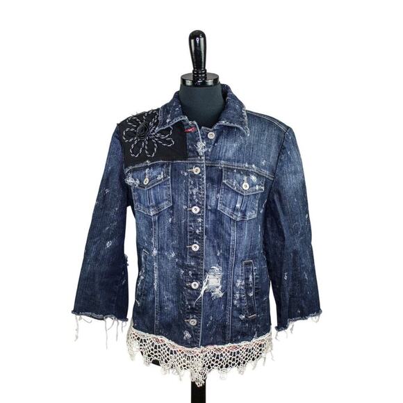 Tommy Hilfiger Embellished Distressed Denim Jacket Crochet Lace Y2K XL - Picture 1 of 4